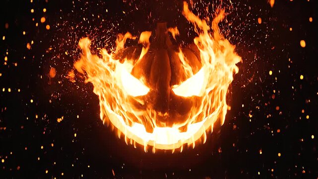 Menacing Halloween pumpkin face outlined by blazing fire in complete darkness, luminous flame trails forming angular eyes and a sinister expression, fiery jack-o-lantern and horror concept