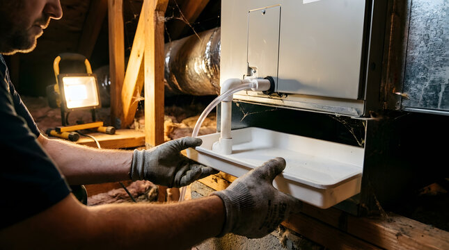 HVAC Condensate Drain Pan Installation | Technician Servicing Attic Air Handler | AC Drain Line Maintenance in Attic