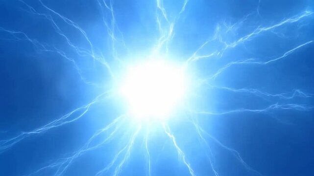 Blue electric light burst expands into branching lightning across a dark background