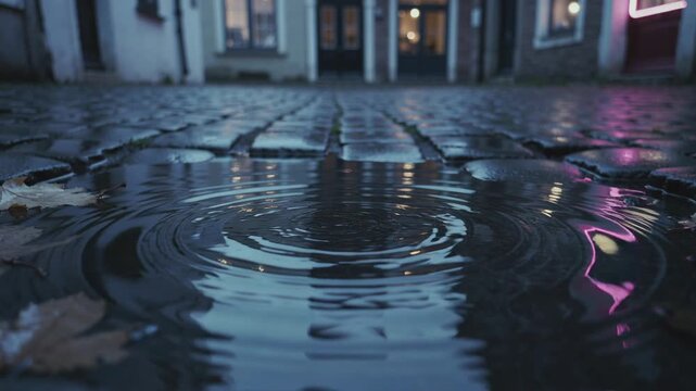 Rippling shallow puddle reacting to falling droplet from light rain on cobblestone street