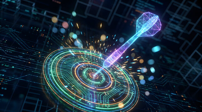 Digital Glowing Dart Hitting Bullseye Target | Technology Goal Achievement Concept | Futuristic Cyber Security Success