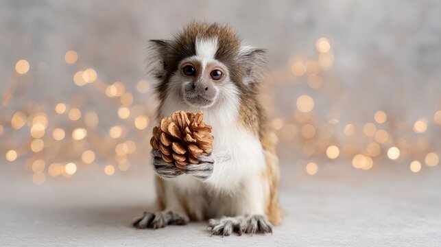 Adorable monkey holding pine cone with warm bokeh background