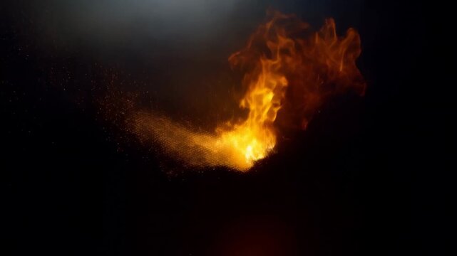 Bright fireball bursts outward and breaks into sparks against a dark background
