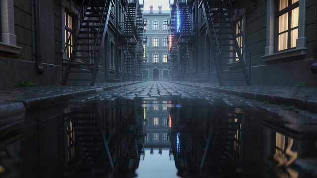 Raindrop falling into shallow puddle, causing ripples distorting neon glow in cobbled alley, mist