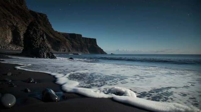 Rolling swell from horizon pushing shoreline surf across wet black sand at night, reshaping pebbles