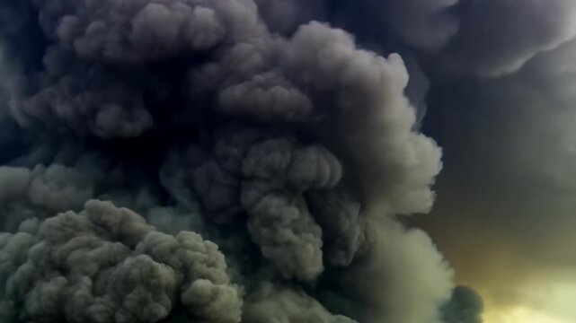 Dense volcanic ash cloud billows upward and spreads across a dark, hazy sky