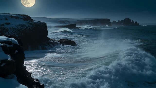 Pushing swell forcing breaking ocean wave onto snowy cliff under full moon, creating spray plume