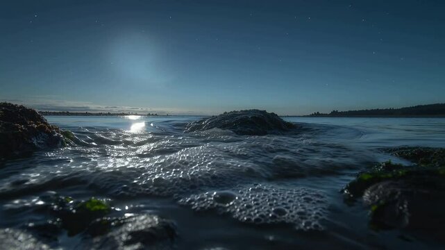 Rolling swell lifting and breaking over central rock on tidal shore at night foaming around seaweed