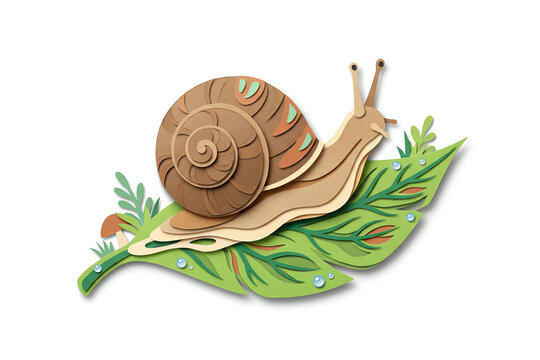 Garden snail with a spiral shell gliding on a dewy leaf