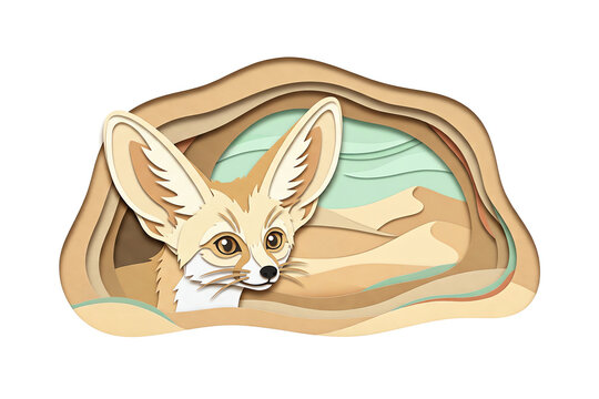 Fennec fox with huge ears peeking from a desert den