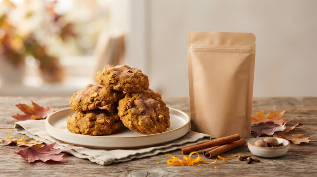 Autumn Cookie Packaging Mockup With Kraft Stand Up Pouch