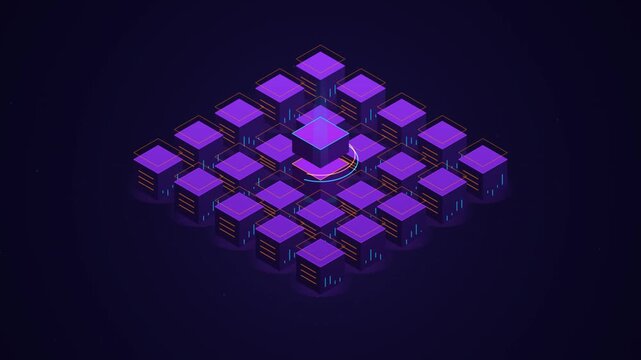 Isometric Digital Data Processing Network Animation with Glowing Purple Cubes on Dark Background