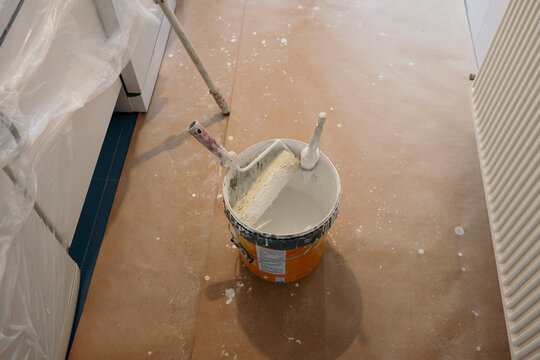 Paint roller and bucket during home renovation work