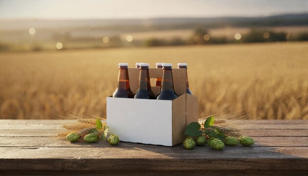 Artisanal beverage six pack in a rustic sunlit harvest setting