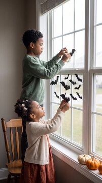 Attentive siblings decorating window with paper bat cutouts for Halloween at home