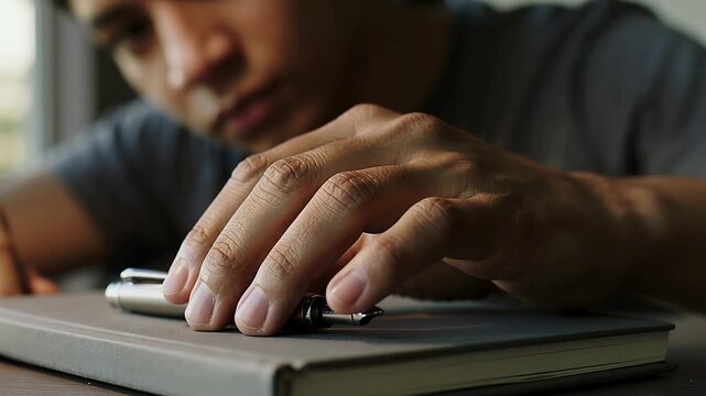 Lowering nib, man in gray tee testing fountain pen at table on gray notebook, checking nib