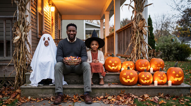 Welcoming father with ghost and witch costumed children on porch steps by glowing pumpkins