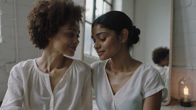 Eye contact initiating two women leaning closer in loft in button blouse, V-neck