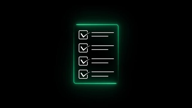 Glowing neon check list animated outline icon. Checklist line icon animation. document marking, mark icon 4k motion