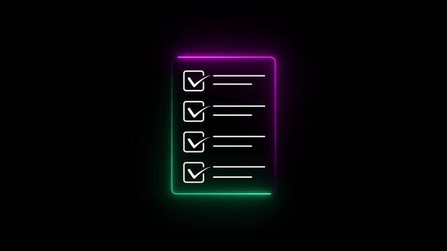 Glowing neon check list animated outline icon. Checklist line icon animation. document marking, mark icon 4k motion