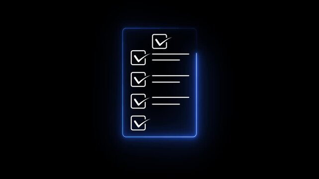 Glowing neon check list animated outline icon. Checklist line icon animation. document marking, mark icon 4k motion