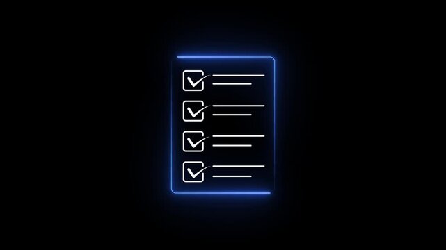 Glowing neon check list animated outline icon. Checklist line icon animation. document marking, mark icon 4k motion