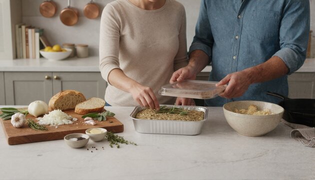 Couple preparing fresh stuffing in home kitchen