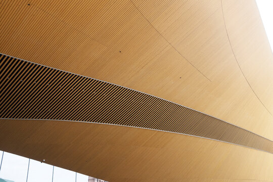 Curved wooden ceiling with wavy architectural pattern