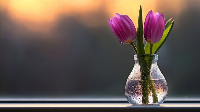 Pink tulips in glass vase at sunset.