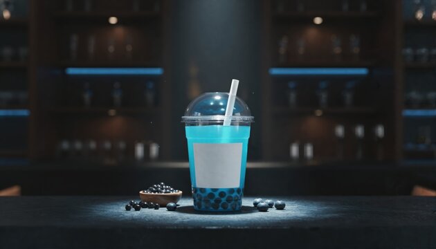 Elegant blue bubble tea with a white label in a moody lounge