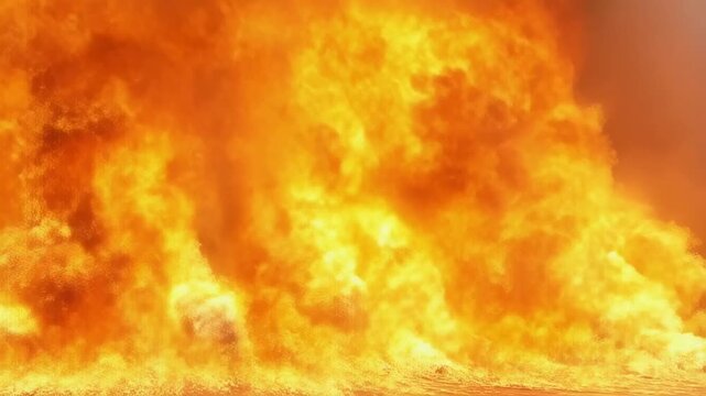 Large fireball surges and billows beneath thick smoke in a featureless setting