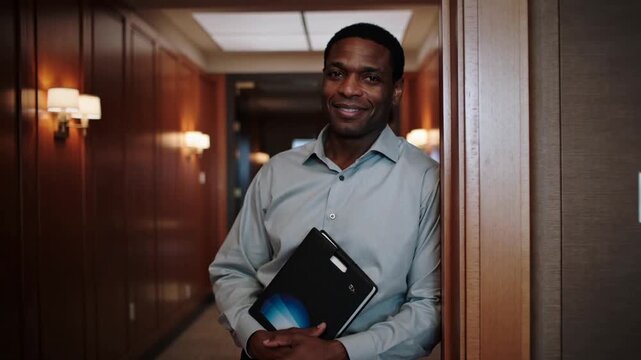 Recording starting, man pausing by door in corridor holding laptop with blue logo in blue shirt