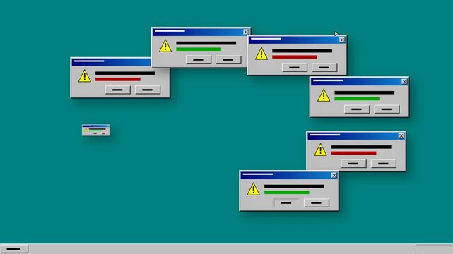 Cascading Computer System Error Popups on Retro Desktop Background