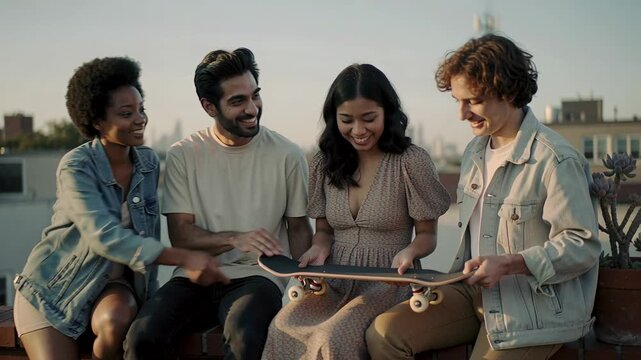 Reaching left woman tracing skateboard deck, friends in denim holding and inspecting on brick ledge