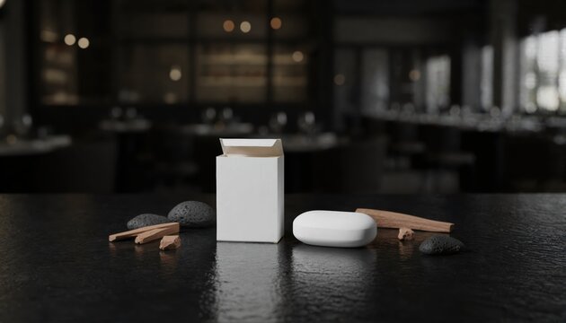 Elegant white soap set on dark basalt stone in moody cinematic lighting