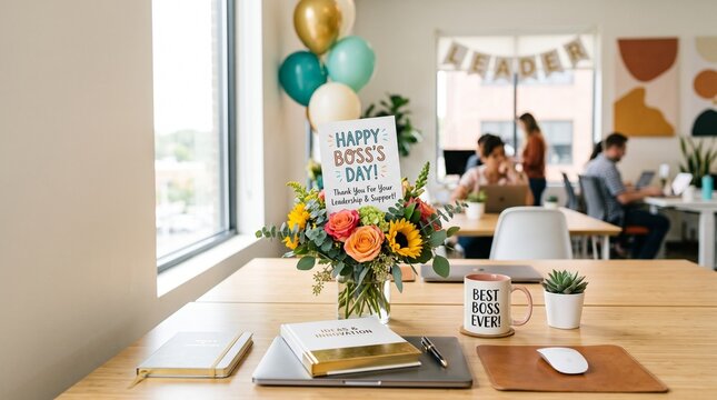 Desk decorated for Boss's Day with flowers and balloons in office  