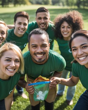 Volunteers holding a recycling bag together in park.