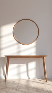 Round wooden mirror above oak console table in minimalist foyer