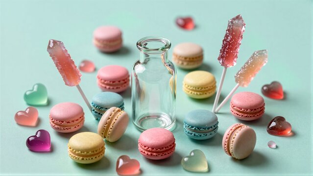 Pastel macarons, gummy hearts, and candy sticks surround a clear glass bottle.
