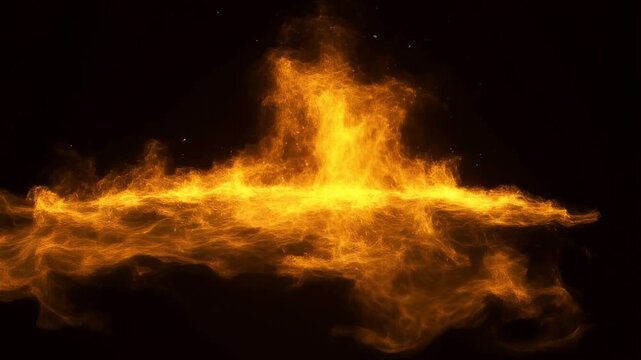 Glowing orange particle flames rise and spread across a black background in a fiery wave