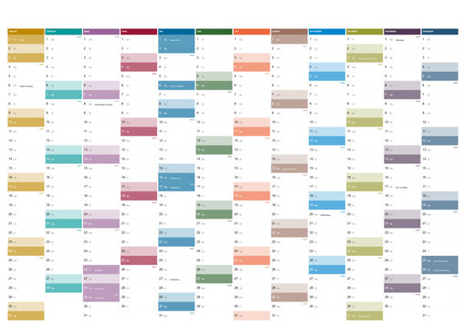 Calendar for the year 2027 with German holidays in German language. Differently colored months. Wallplanner, span-a-year calendar