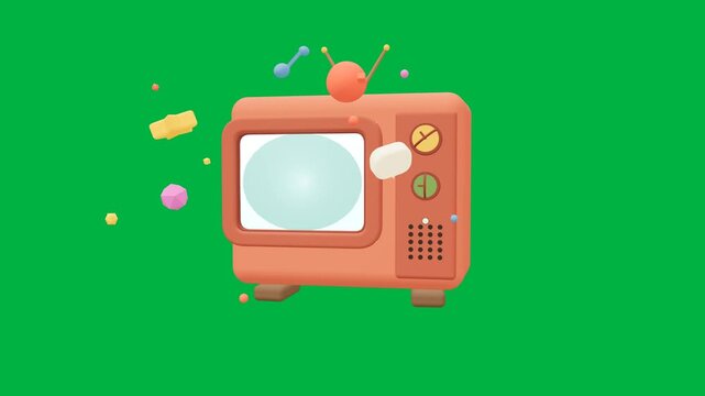 Premium handcrafted clay-style retro CRT television powering on and transforming its curved screen into a dimensional portal with colorful clay media objects emerging from the display.