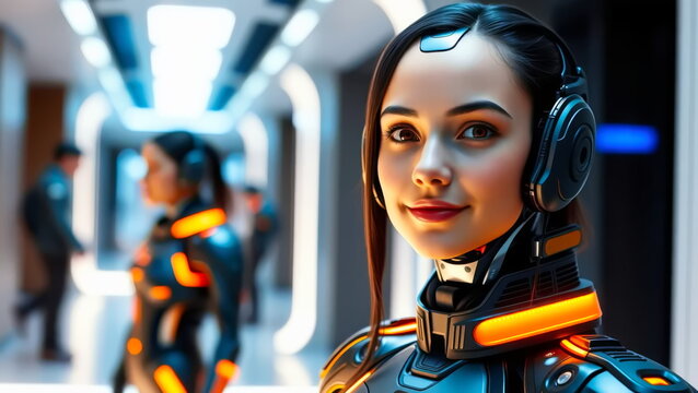 A female robot with straight hair, wearing a dark suit, illuminated by warm orange lighting.
