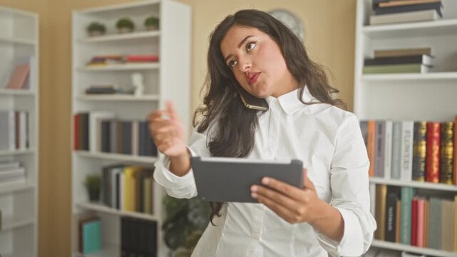 Woman holding tablet and phone to ear among bookshelves in a building, hand tapping screen while talking on smartphone; multitasking focused.