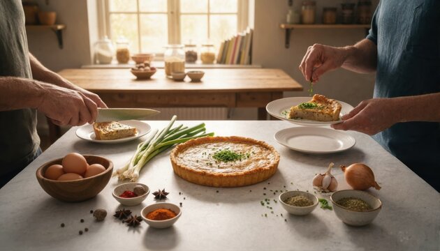 Friends sharing a homemade savory tart in a cozy kitchen