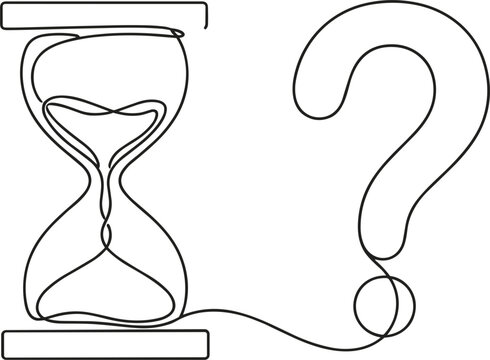 Hourglass and question mark drawn with one continuous stroke representing time management uncertainty and deadline decisions vector