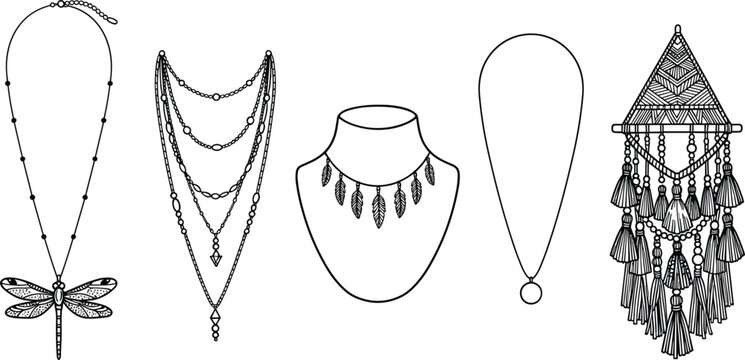 Bohemian and ethnic style necklace jewelry set including dragonfly pendant layered chains feather choker and beaded macrame tassel elements