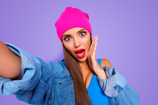 Emotion facial expressing charm oops people person concept. Close up photo portrait of beautiful pretty nice cheerful fun joy lady vlogger making taking selfie isolated on pastel bright background