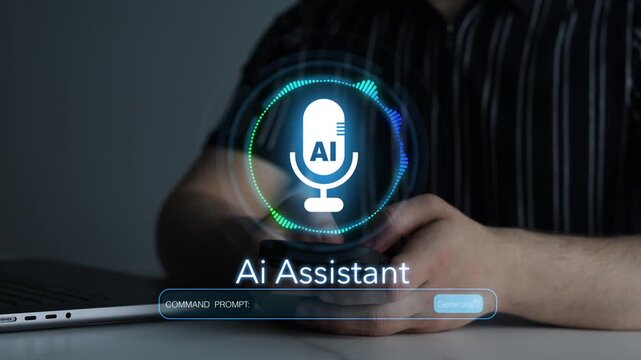 AI Assistant concept with microphone and speech interface, voice commands, questions to an intelligent Chatbot, speech recognition and automated digital communication.
