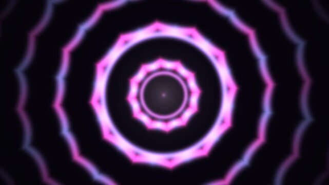 Pulsing neon mandala tunnel abstract background, with glowing pink, and purple light waves